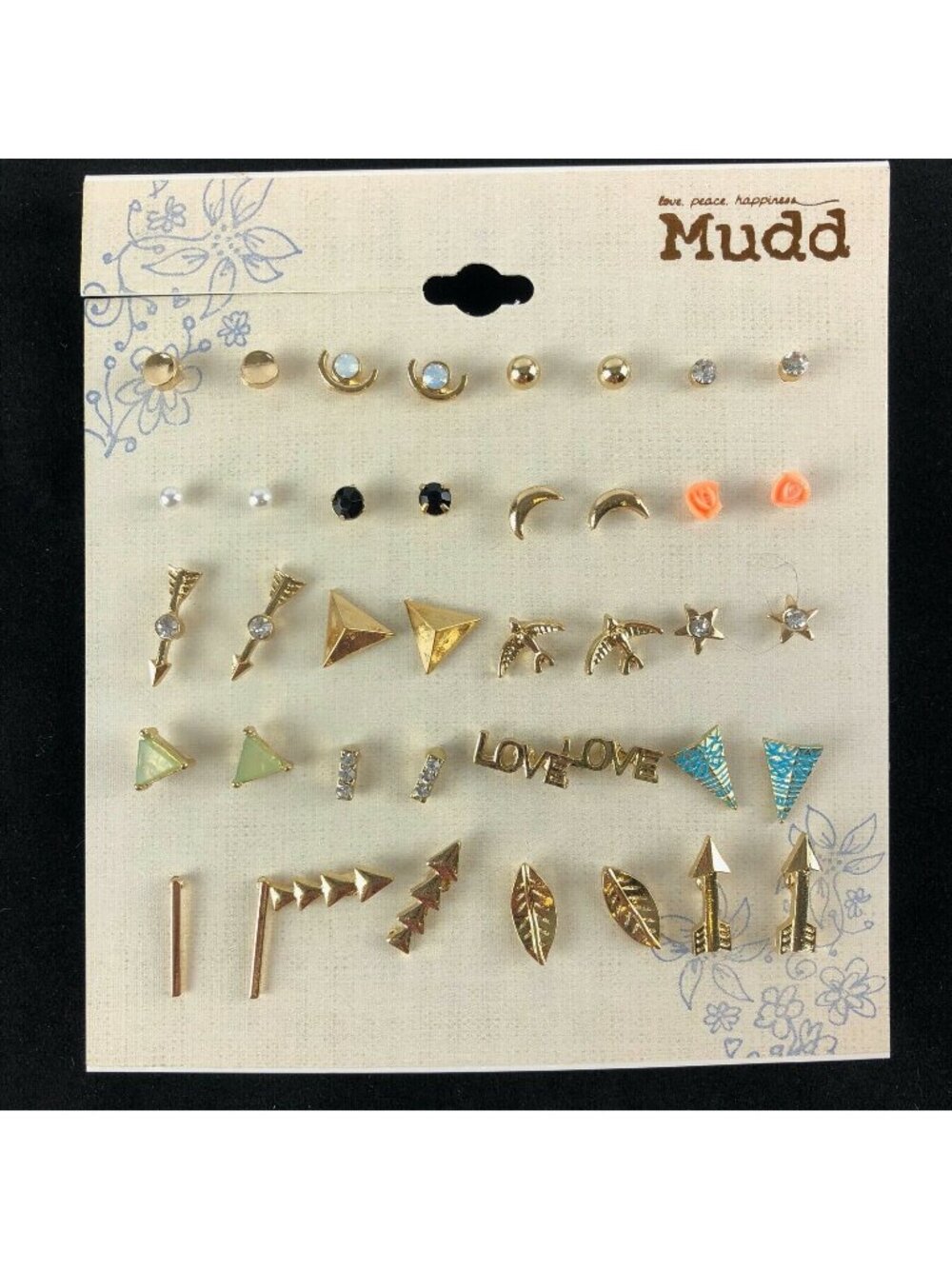 Mudd Stud Earrings 20 Pairs Gift Set Gold-tone Rhinestone Arrows Birds Love Leaf